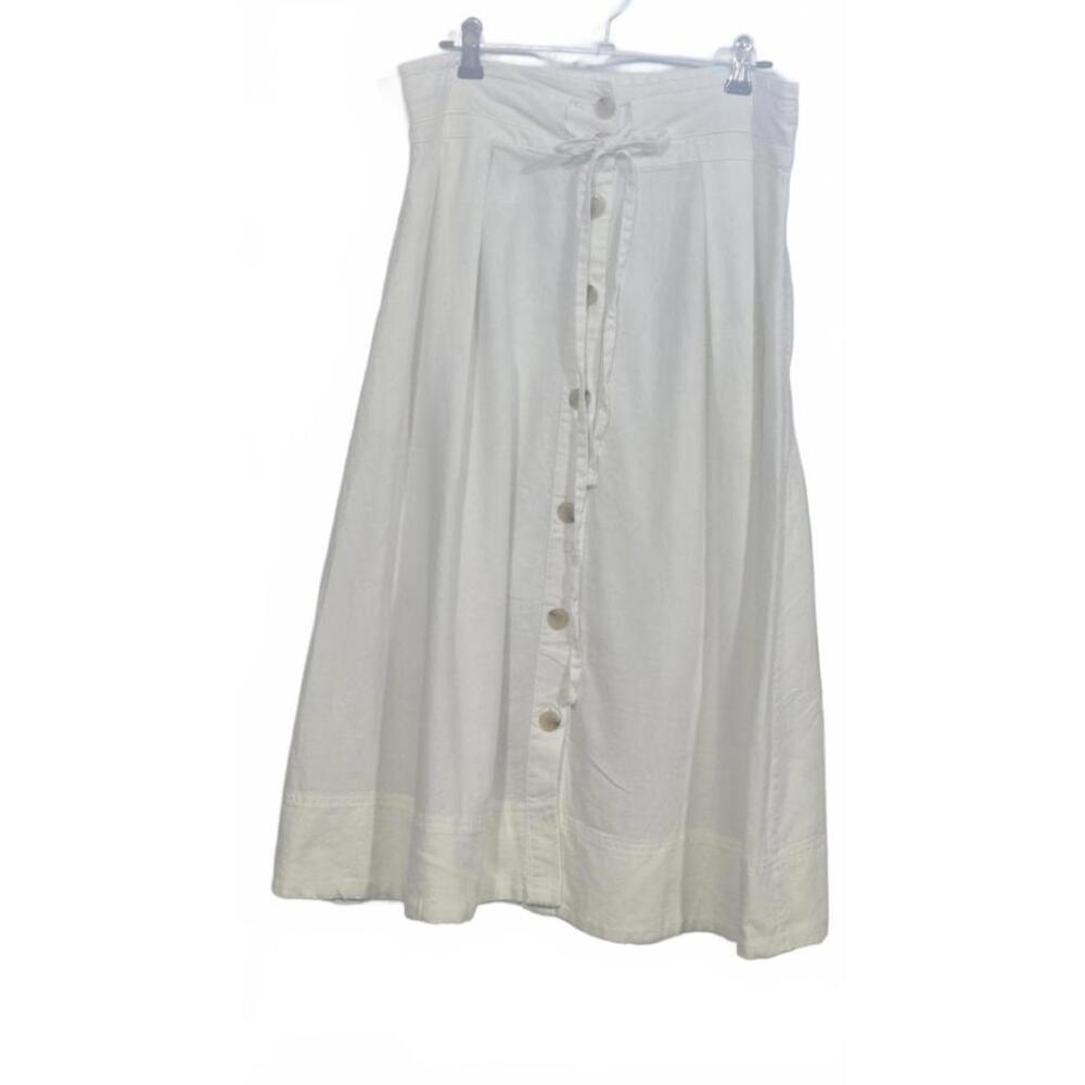Off-White Button-Front Midi Skirt with Tie Waist